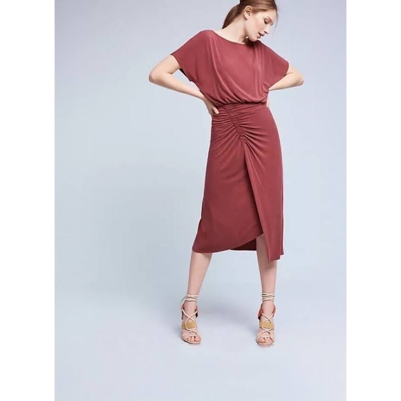 Anthropologie Dresses & Skirts - Moulinette Soeurs Etta Ruched Midi Dress Stretchy Jersey Gathered Casual Wine